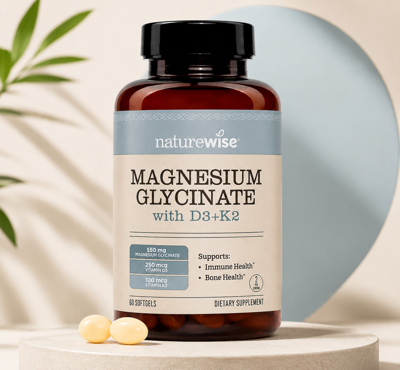 Magnesium Glycinate 550mg with D3 K2 Bone Support High Absorption 60 Softgels