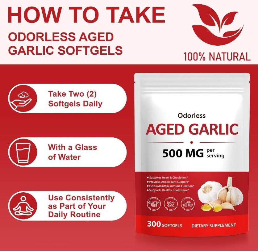 Oderless Garlic 7500 Mg Per Servings,300 Softgels,2 Years Aged Garlic Extra