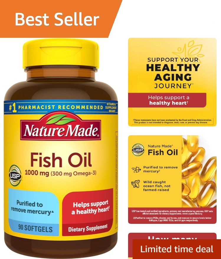 Fish Oil Omega 3 Supplements 1000 mg Softgels, 90 Count for Heart Health