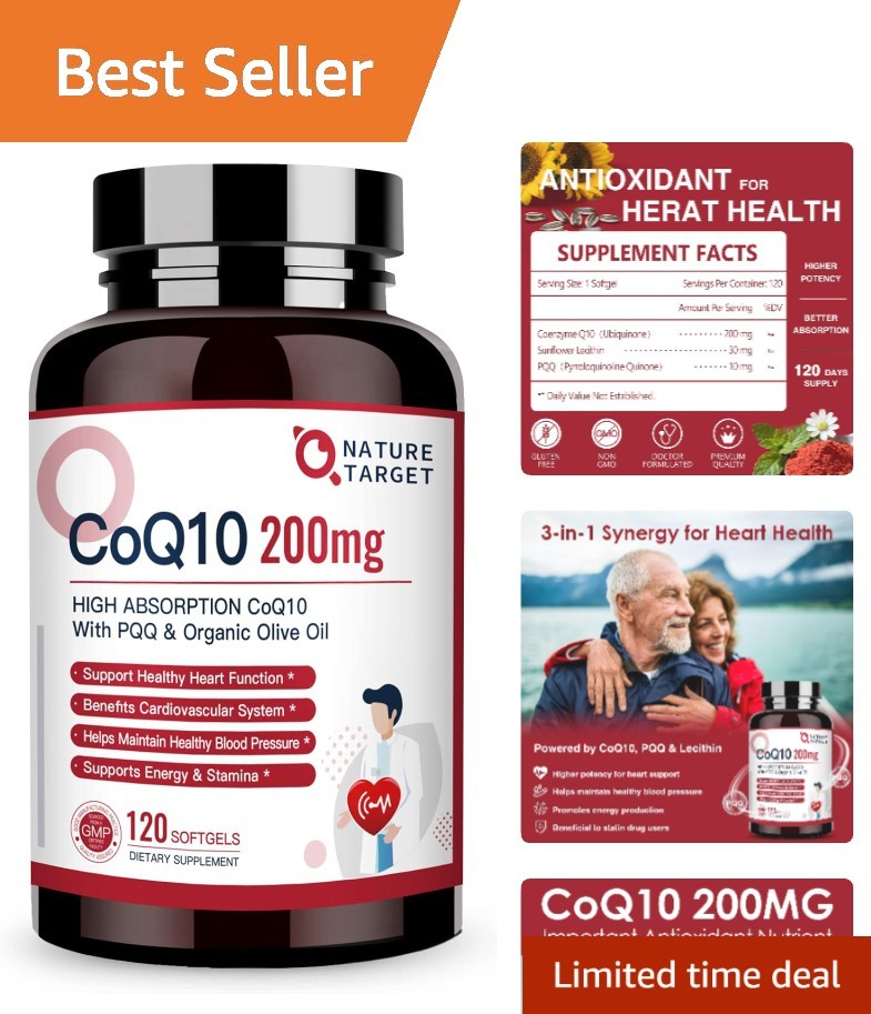 High-Potency CoQ10 200mg Softgels with PQQ & Olive Oil for Heart & Cell Support