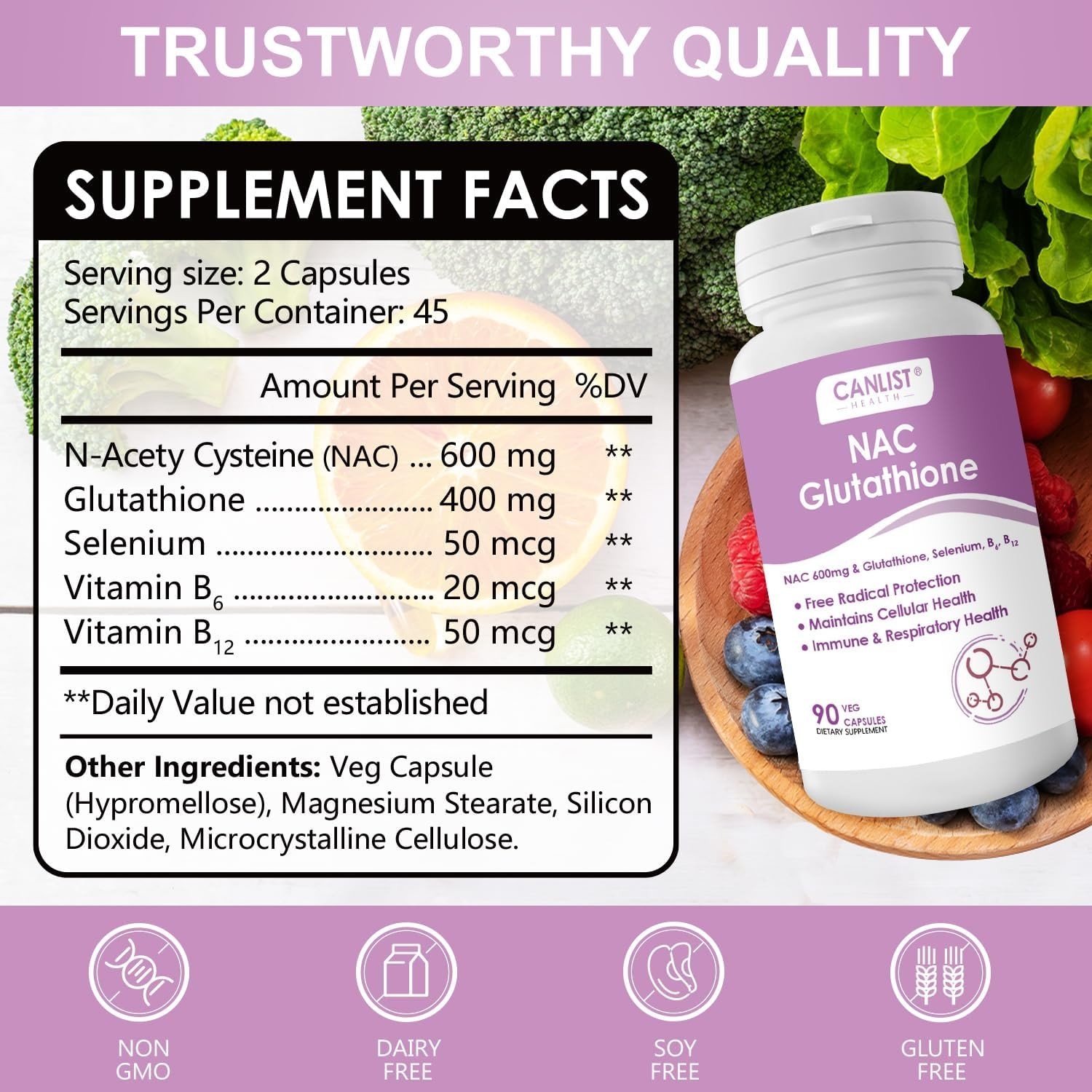 CANLIST NAC 600mg + Glutathione 400mg – Antioxidant, Liver & Immune Support 90ct