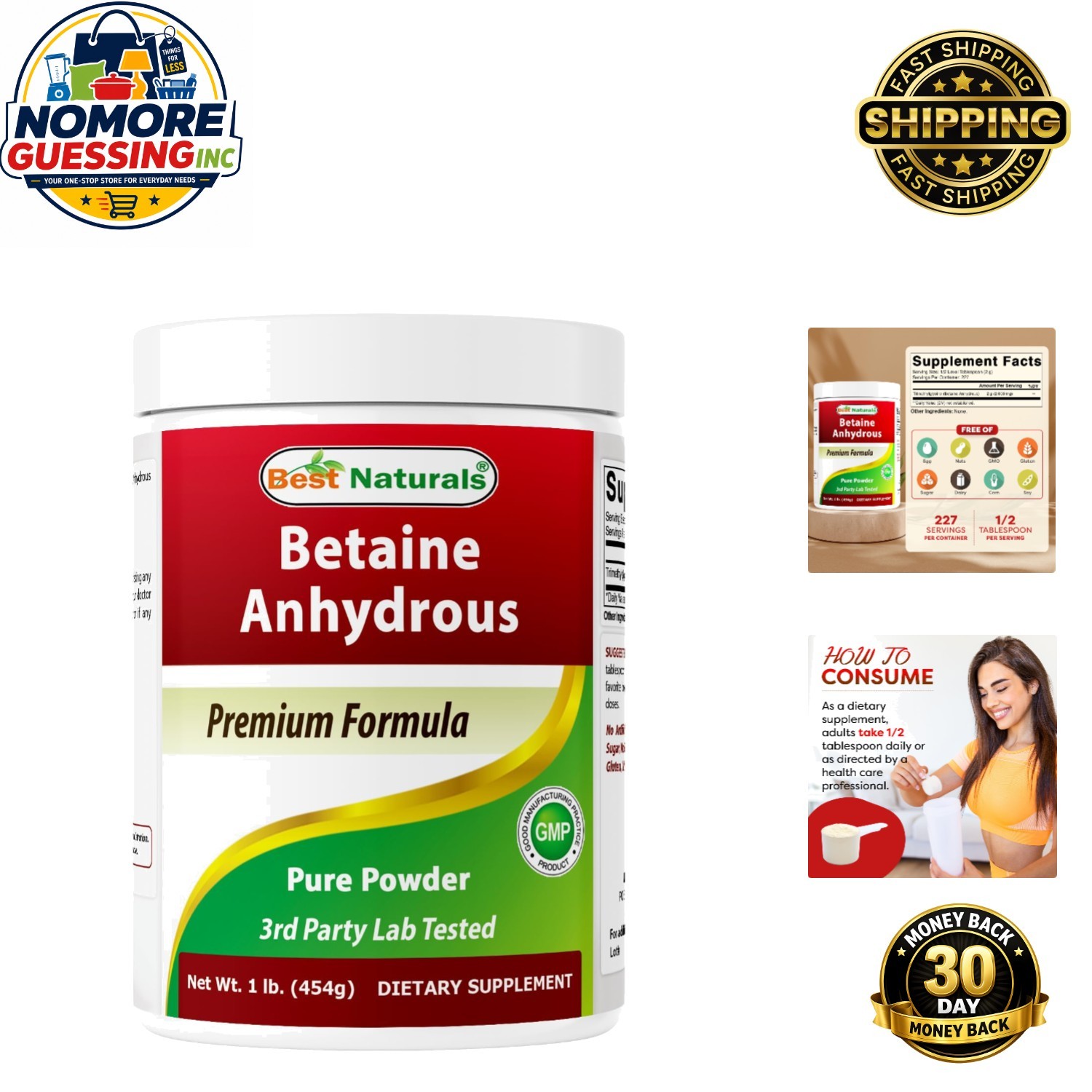 Pure Betaine Anhydrous Powder, 1 Pound – 2000 mg TMG per Serving, Lab Tested