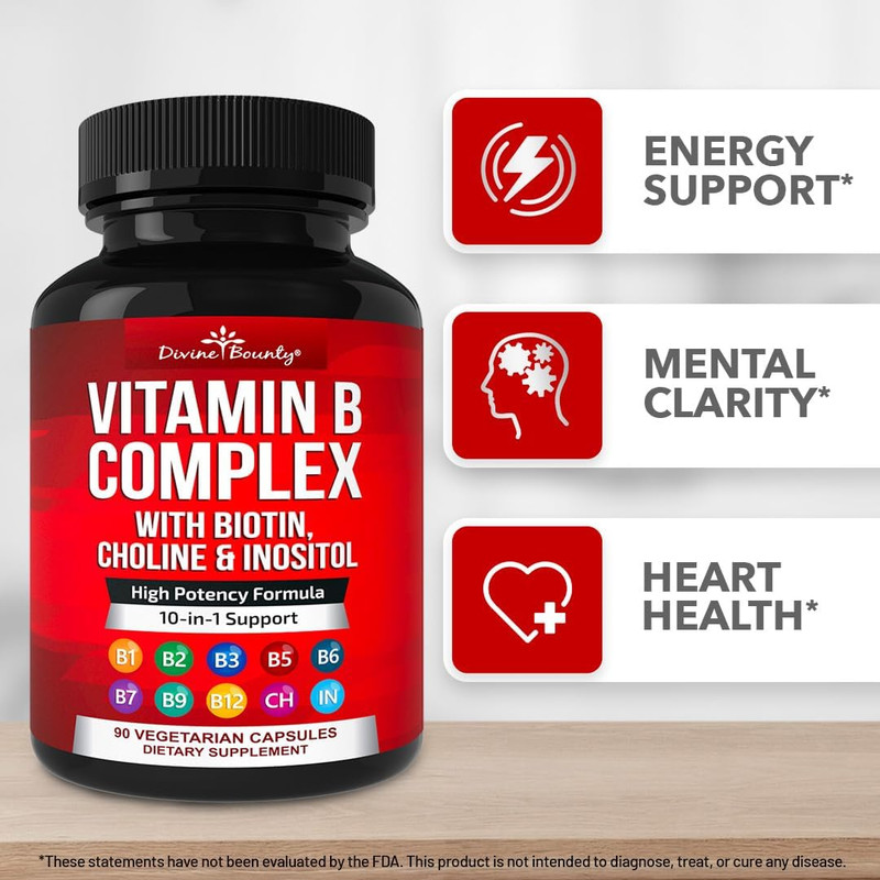 Divine Bounty Super B Complex Vitamins W/ B12 B1 B2 B3 B5 B6 B7 B9 90 Capsules