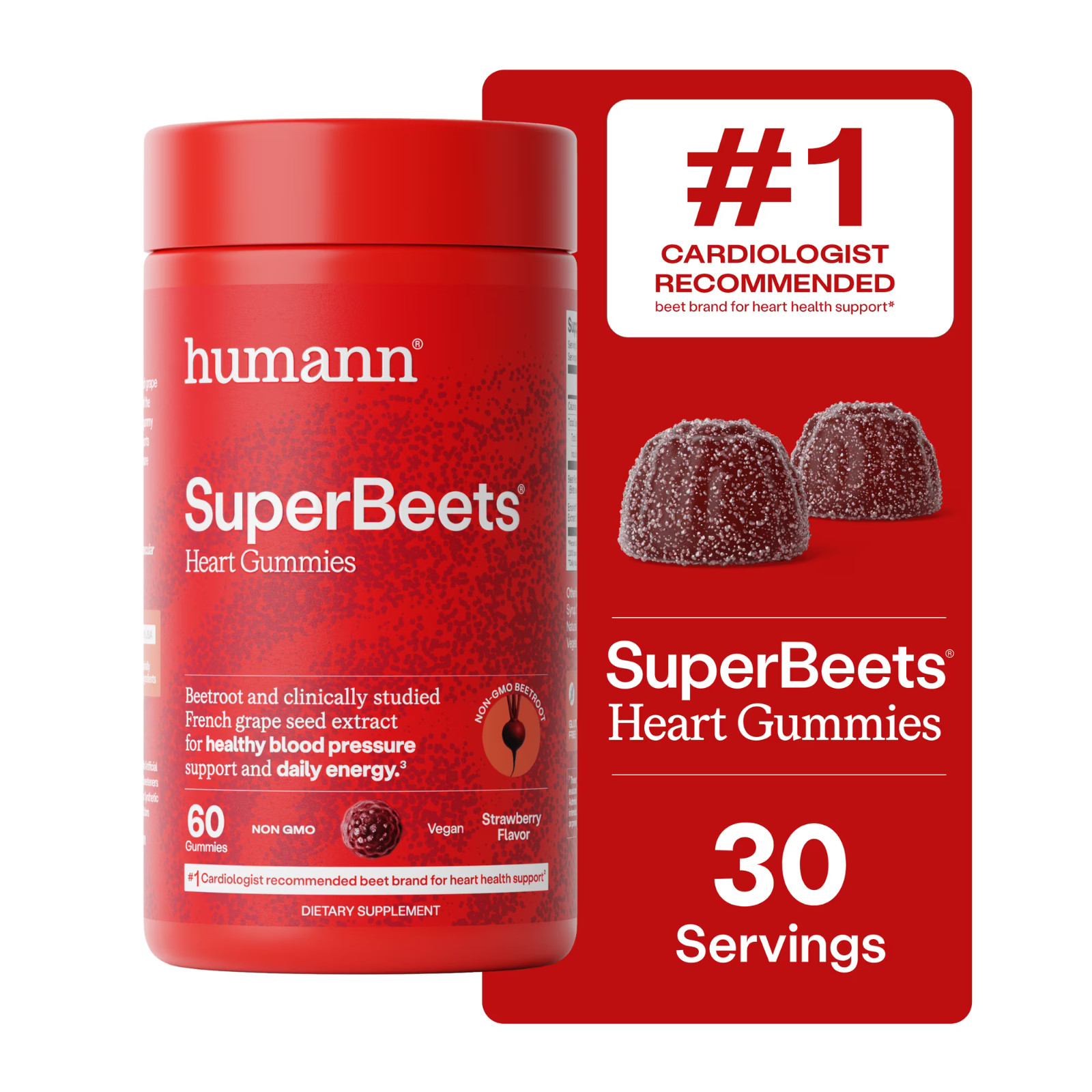 Humann SuperBeets Strawberry Heart Gummies Beetroot Grape Seed 60ct FREE SHIP