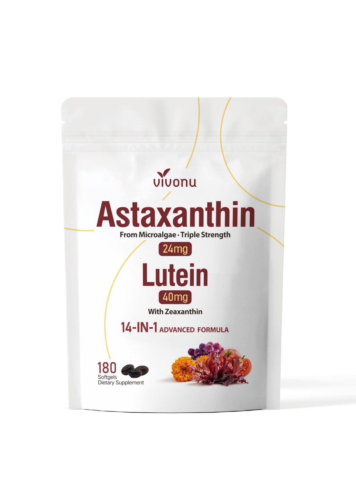 14-in-1 Astaxanthin 24mg & Lutein 40mg Supplements, 180 Softgels, Antioxidant, E