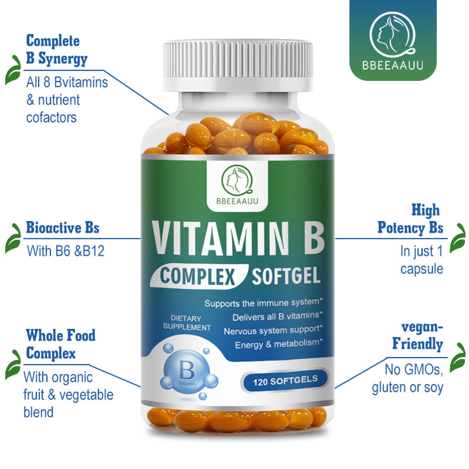 Vitamin B Complex 120 Capsules B1,B2,B3,B5,B6,B7,B9,B12, Immune Support Pills