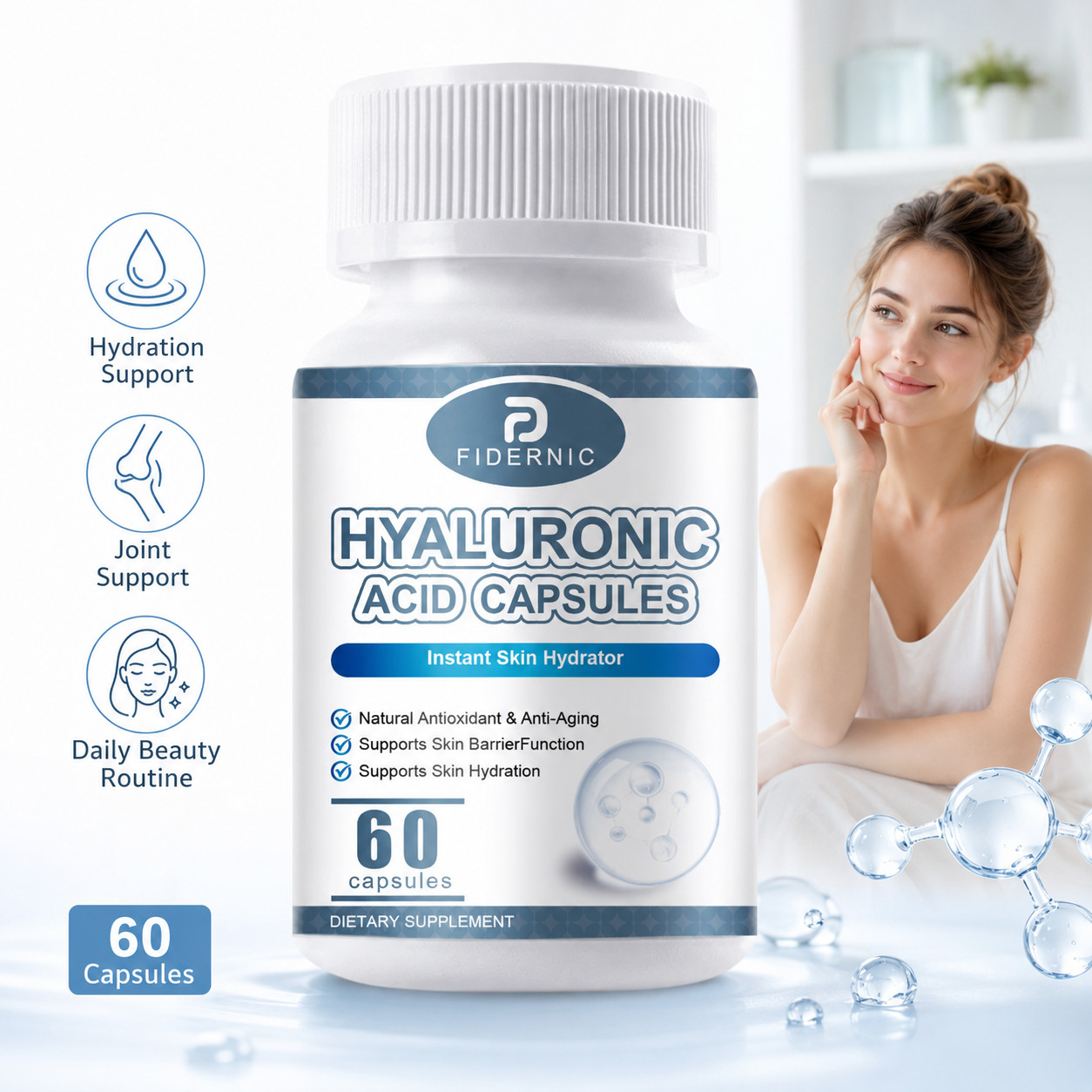 Hyaluronic Acid 60 Capsules Skin Hydration Joint Support Supplement