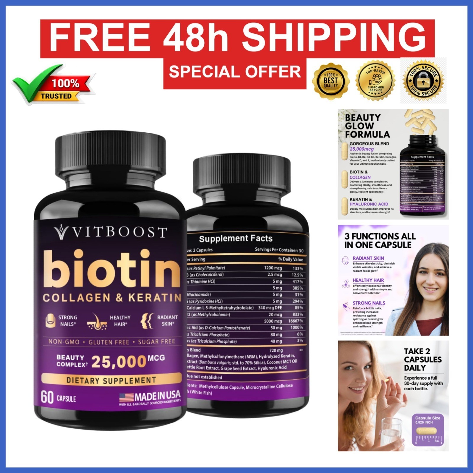 VITBOOST Biotin with Hyaluronic Acid, Collagen & Keratin – 25000 mcg