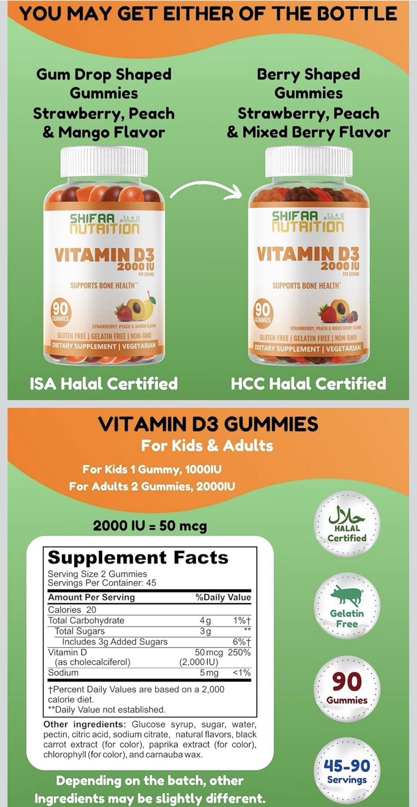 Shifa Nutrition Vitamin D3 2000 IU Gummies 90 Gelatin-Free Immune Bone Support