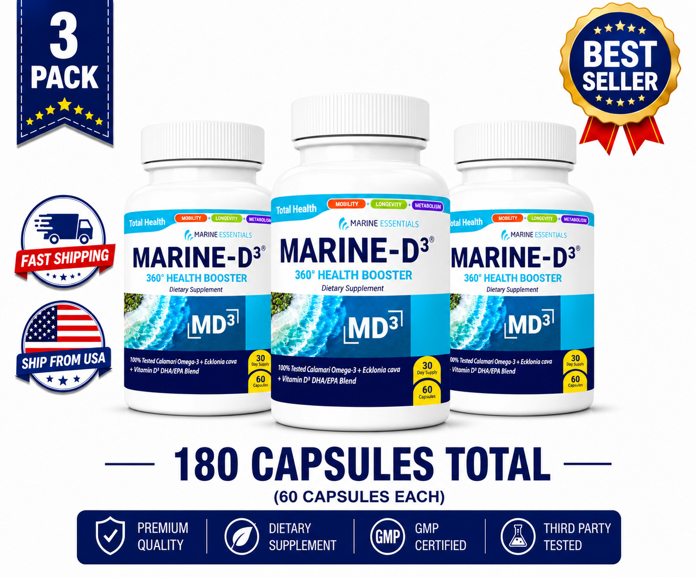 Marine Essentials Marine D3 Omega 3 DHA EPA Calamari 60 Capsules | 3 Pack