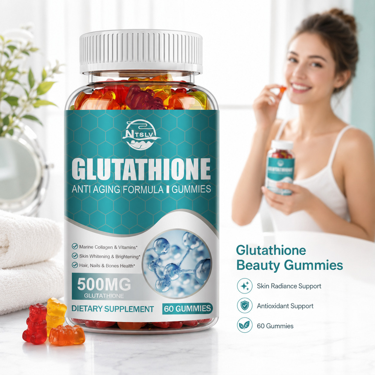 Glutathione 500mg 60 Gummies Skin Radiance Antioxidant Supplement