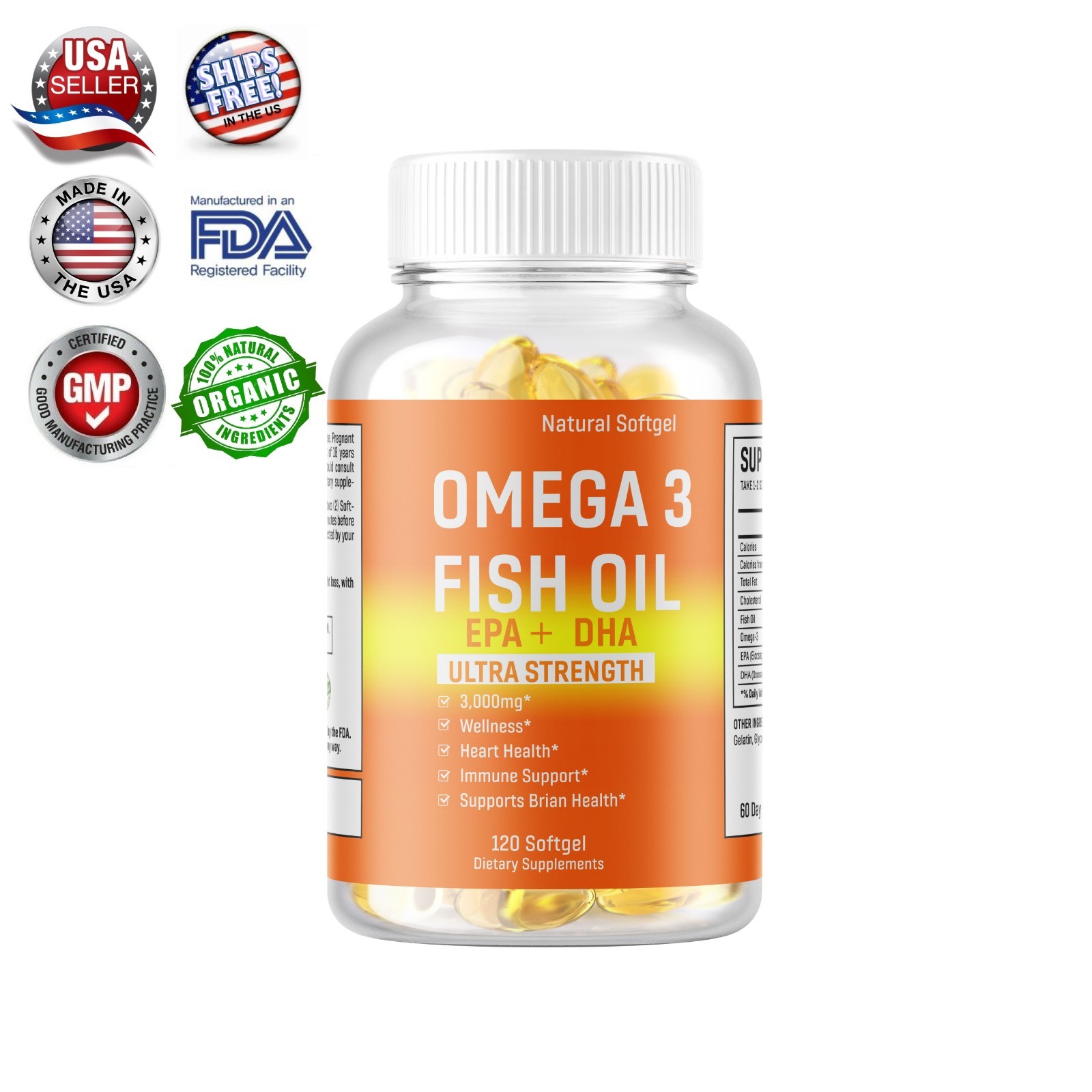 Omega 3 Fish Oil Capsules Ultra Strength EPA DHA, Burp-Less 120 Sofgels 3000mg