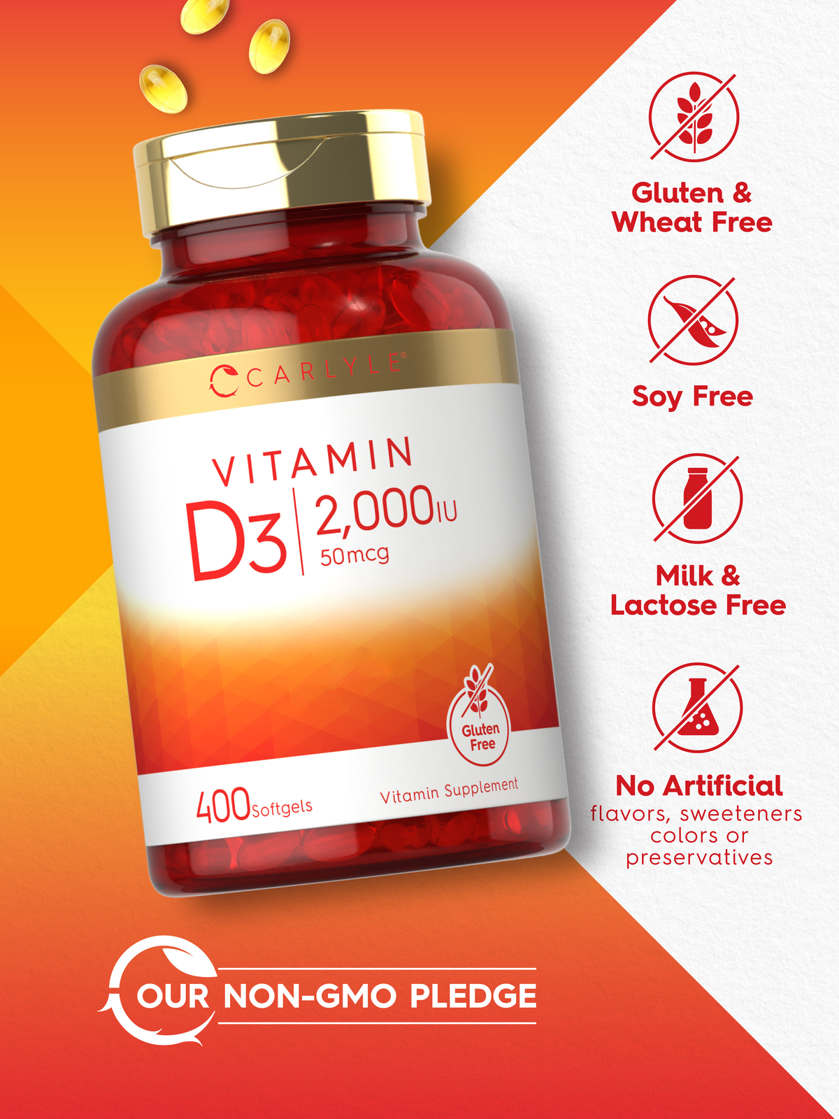 Vitamin D3 2000 IU Softgels | 400 Count | Non-GMO, Gluten Free | by Carlyle