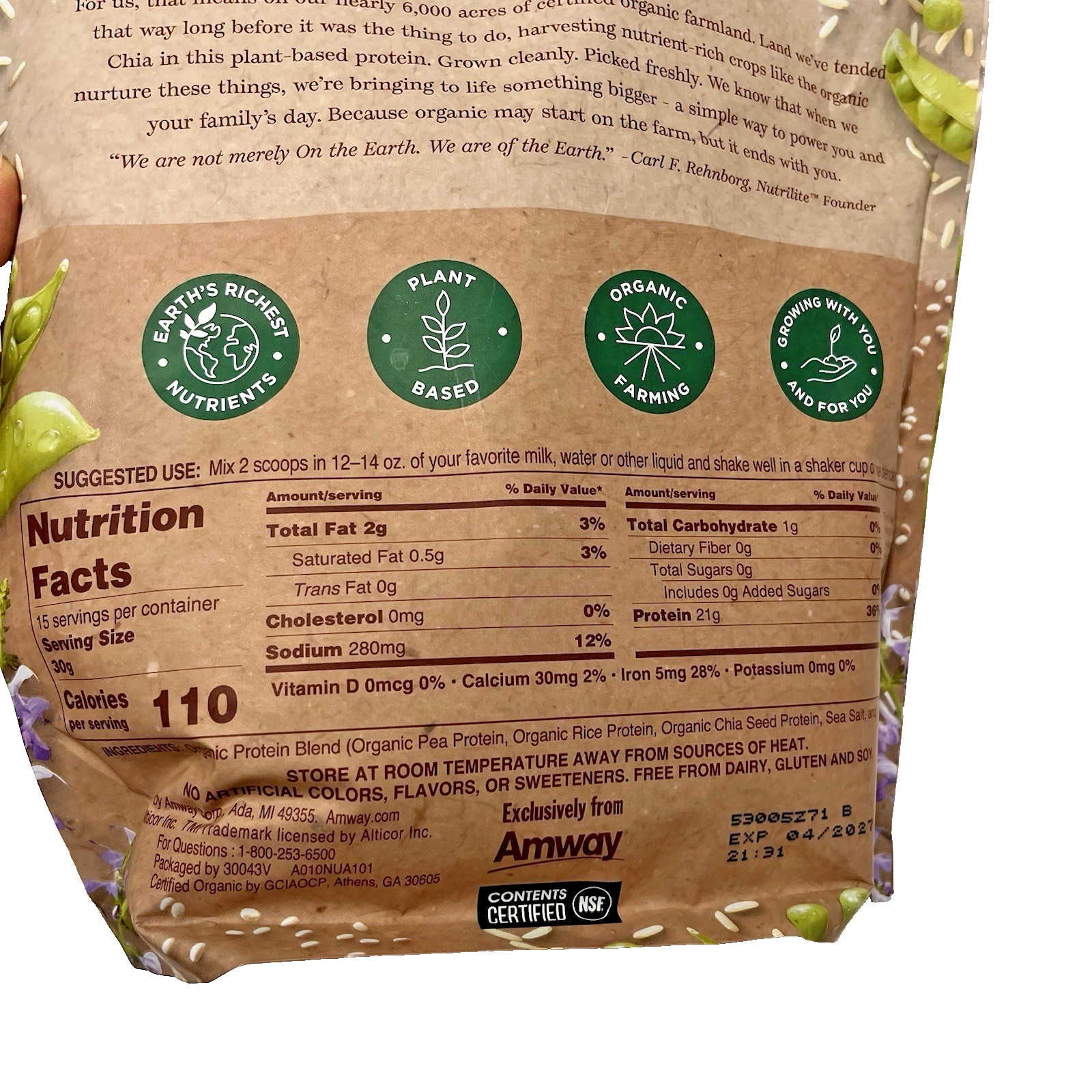 AMWAY NUTRILITE ORGANIC UNFLAVORED PLANT PROTEIN POWDER 21g EXP 10/27
