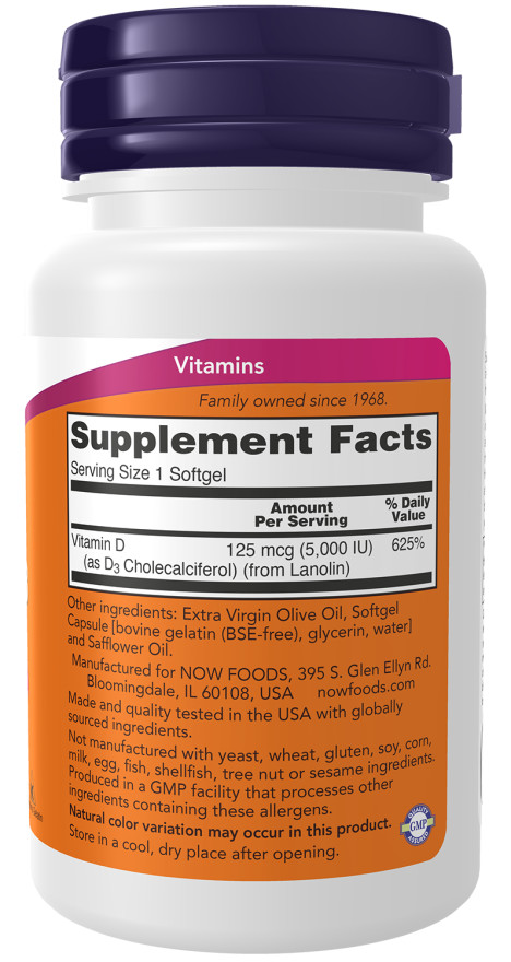 NOW FOODS High Potency Vitamin D-3, 5000 IU, 120 Softgels – Exp. 11/2026