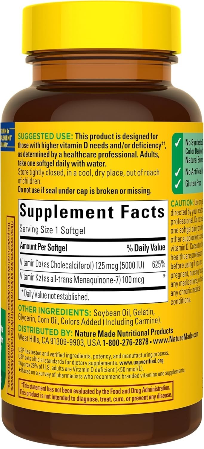 Nature Made Vitamin D3 K2 Supplement, 5000 IU (125 mcg) Vitamin D