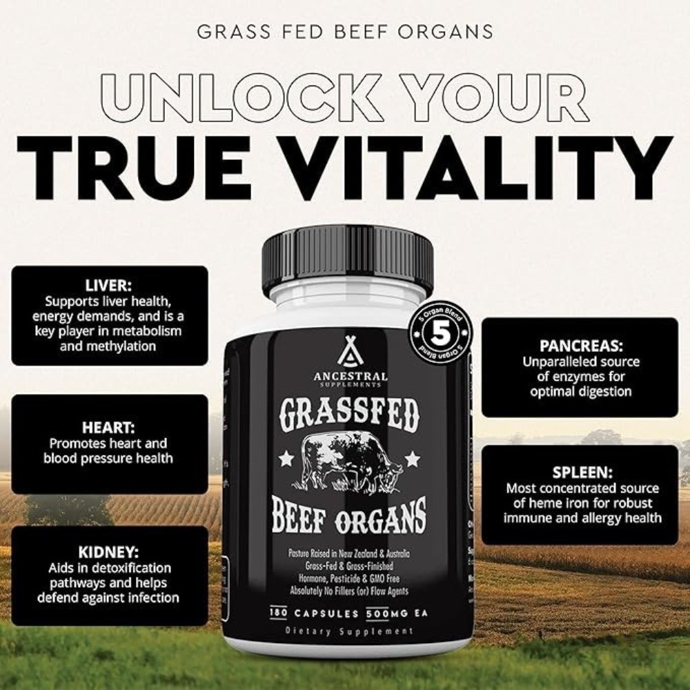3 Pack Non-GMO Grass Fed Beef Organ Capsules by Ancestral Supplements, 180 Count