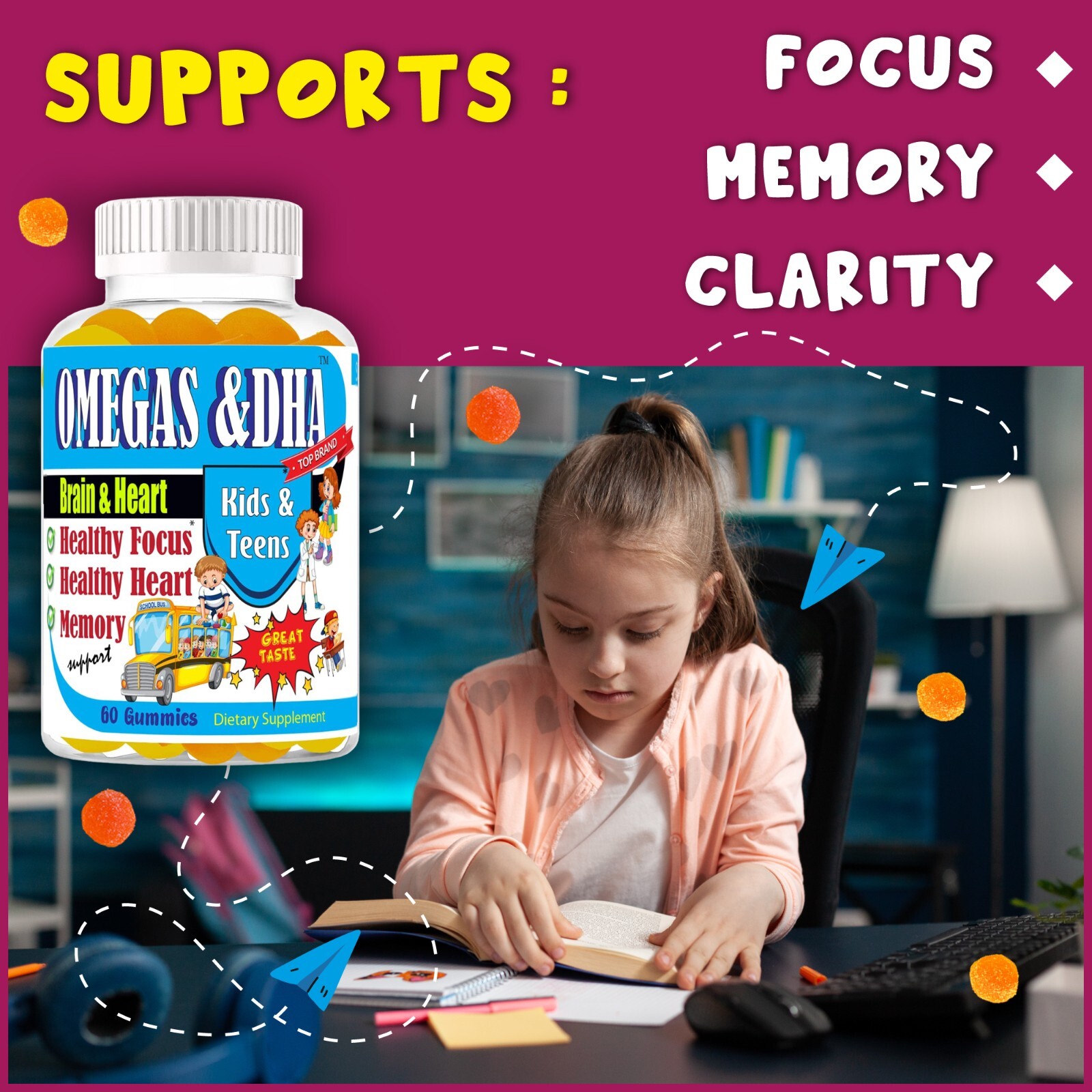 Kids Brain Supplements, Nootropic for Memory, Focus and Concentration, Omega 3