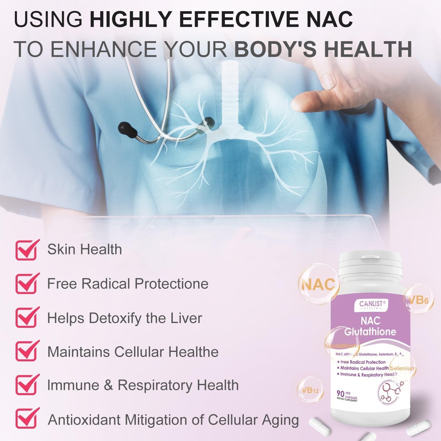 CANLIST NAC 600mg + Glutathione 400mg – Antioxidant, Liver & Immune Support 90ct