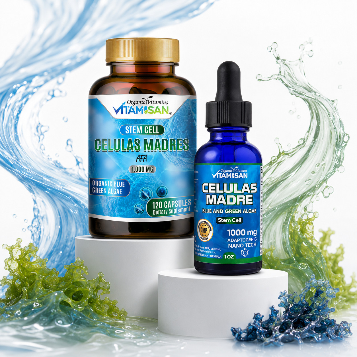 Celulas Madres Stem Cell 2 Pack Blue Green Algae AFA Spirulina Drops Caps Inmune