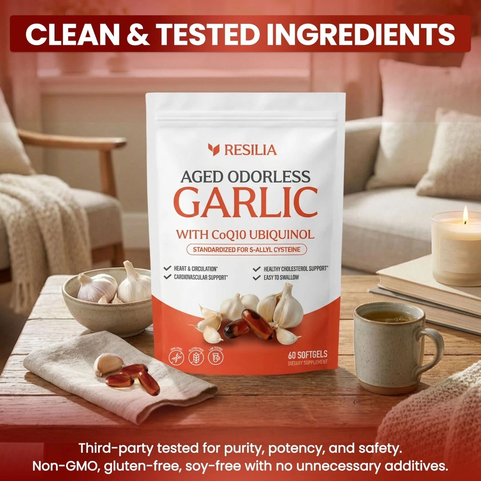 Resilia Garlic Extract 600mg Softgels (60 Count) – Odorless Aged Garlic Extra…