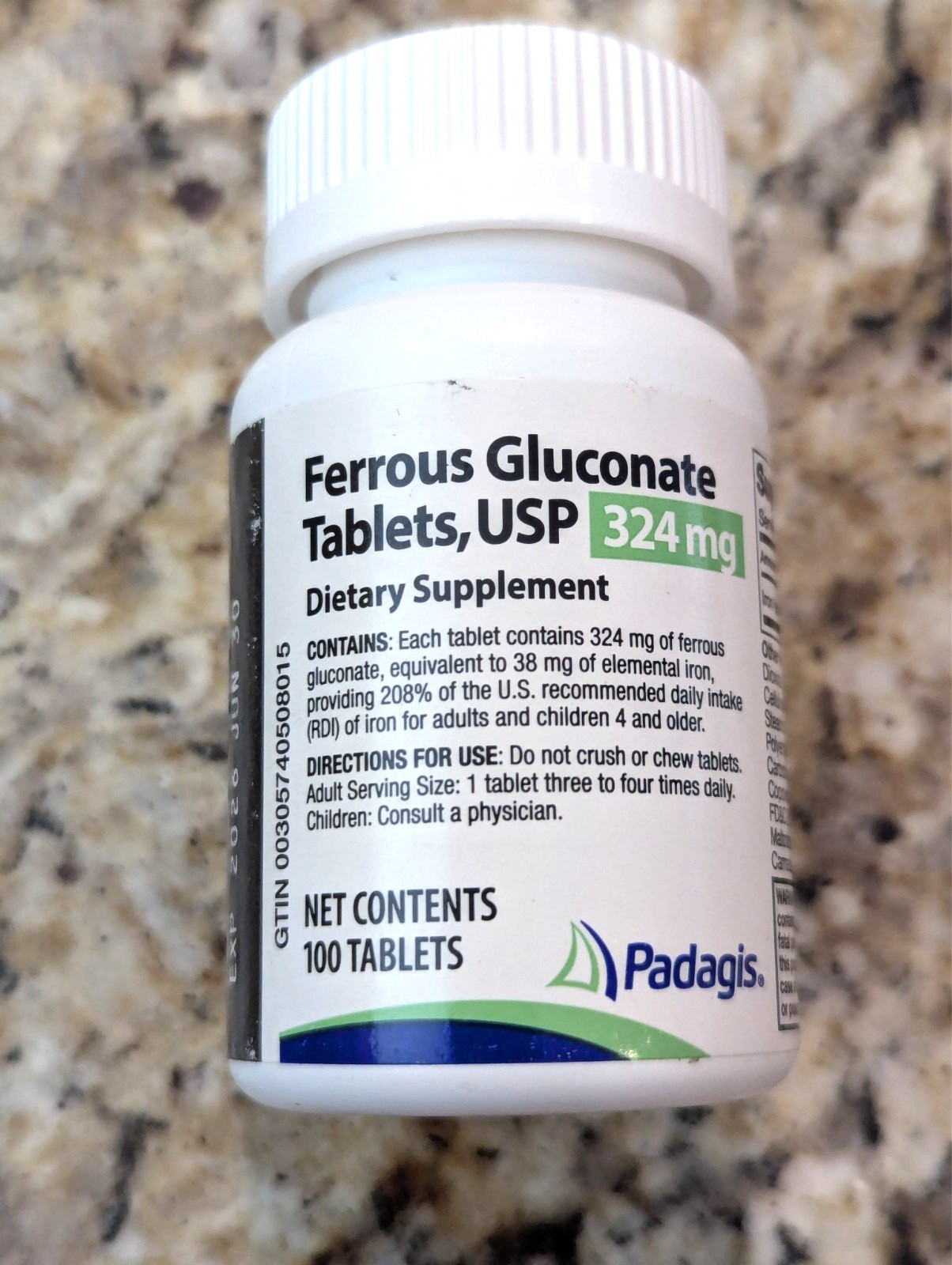 Padagis Ferrous Gluconate Tablets 324mg 100 tablets exp: 06/2026