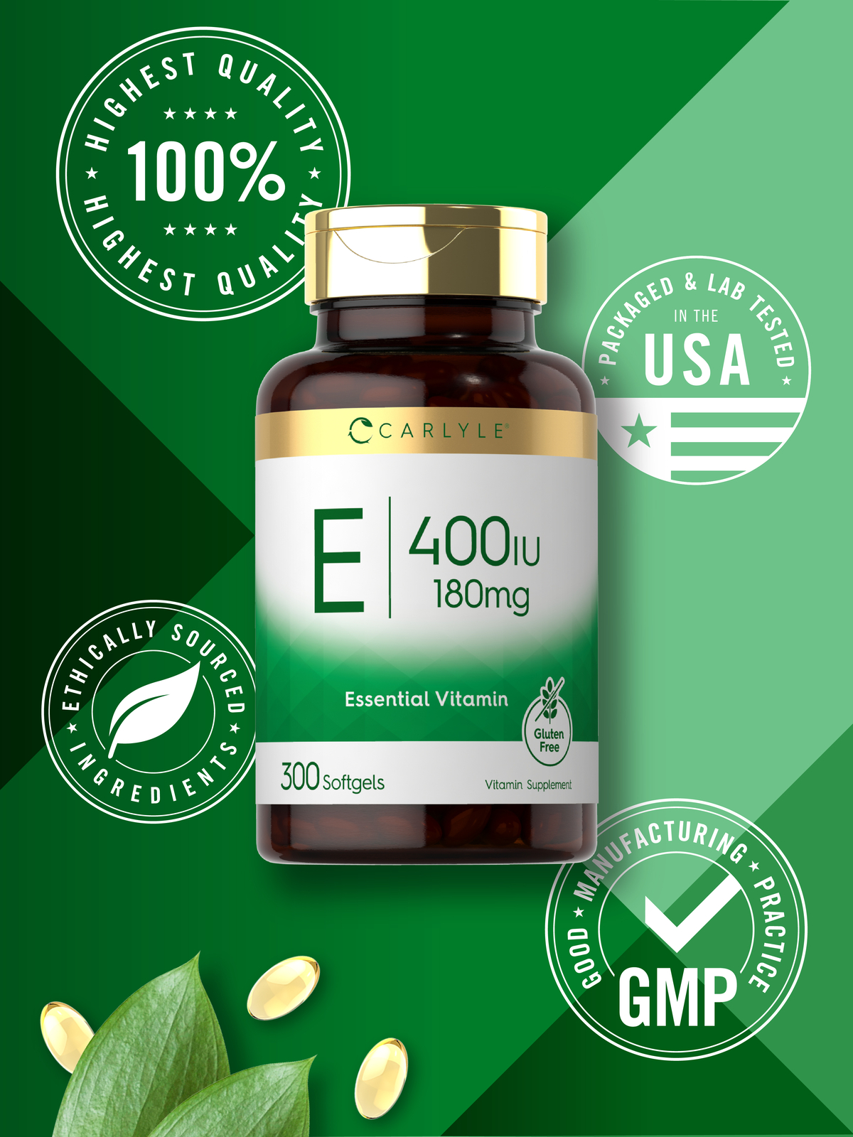 Vitamin E 400 iu | 180mg | 300 Softgels | Non-GMO & Gluten Free | by Carly