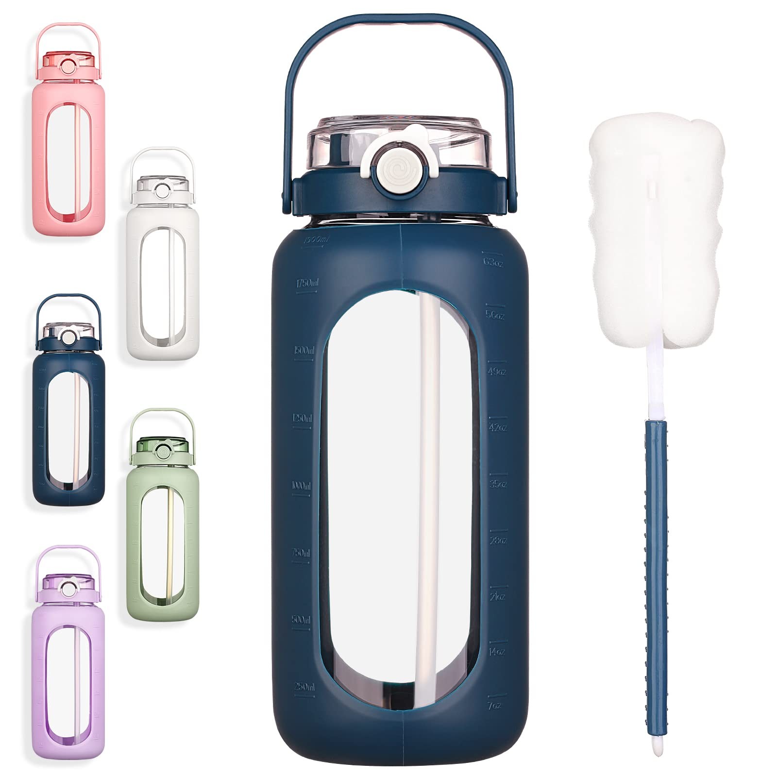 BLUEGO 64oz Glass Water Bottles with Straw Time Marker 64 Ounces, Dark Blue