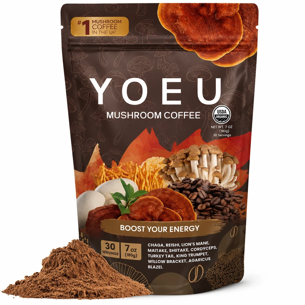 Mushroom Coffee USDA Organic with 6 Adaptogenic Mushrooms 30 servings New