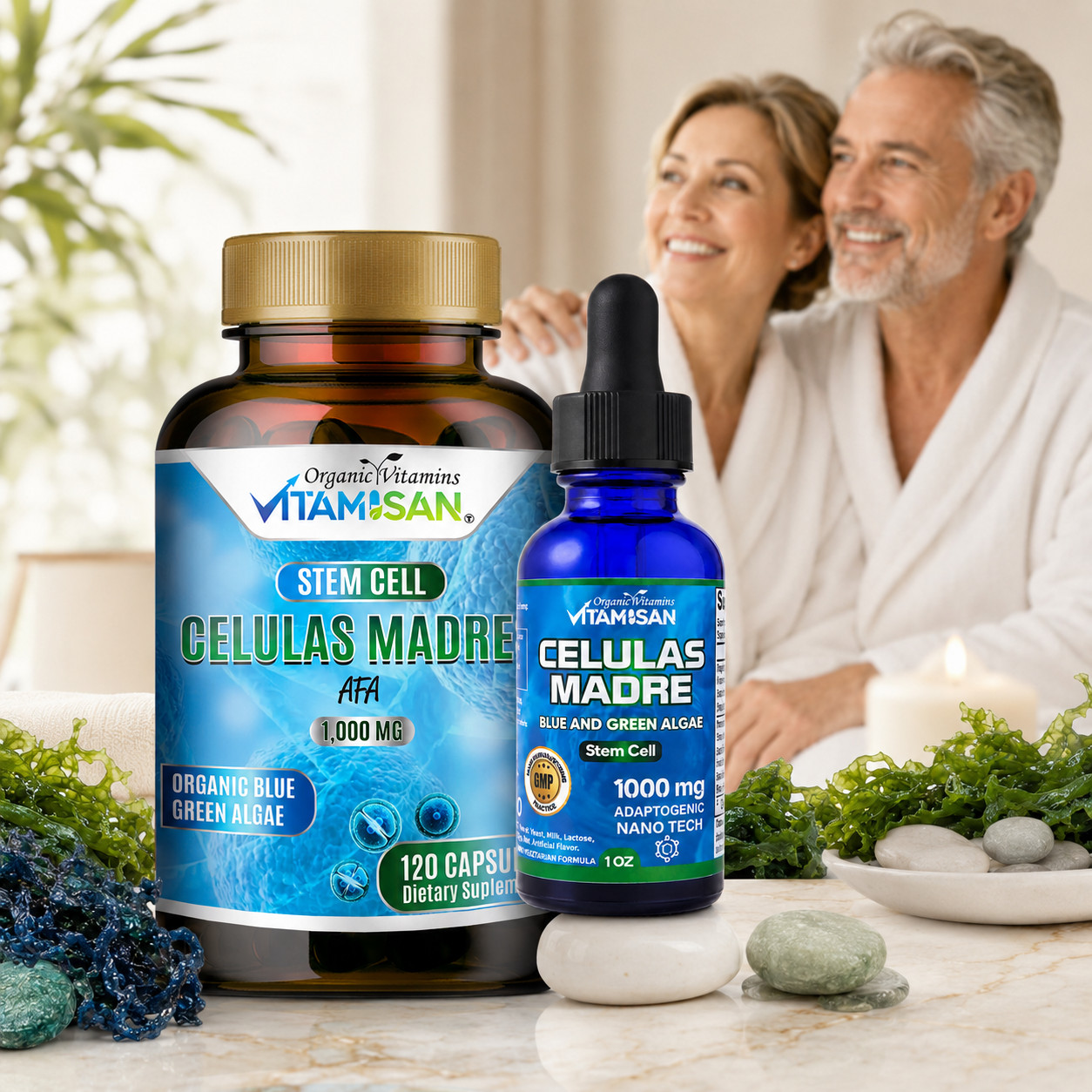 Celulas Madres Stem Cell 2 Pack Blue Green Algae AFA Spirulina Drops Caps Inmune