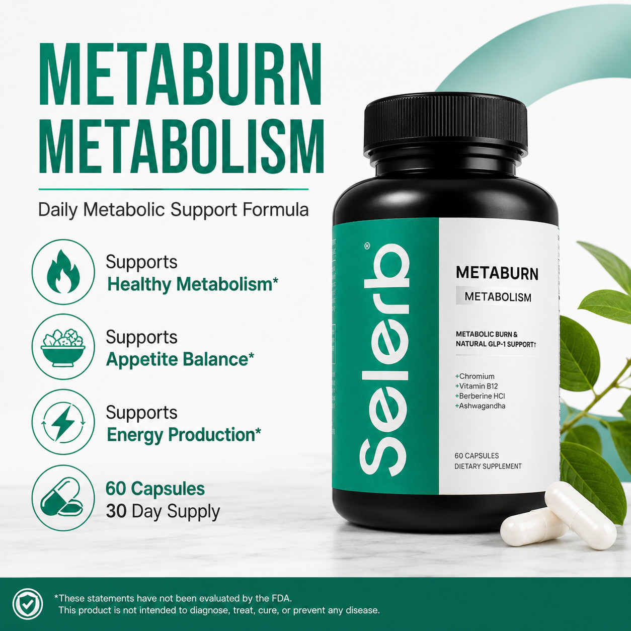 Metabolism Support Supplement Berberine Chromium B12 Ashwagandha 60 Capsules