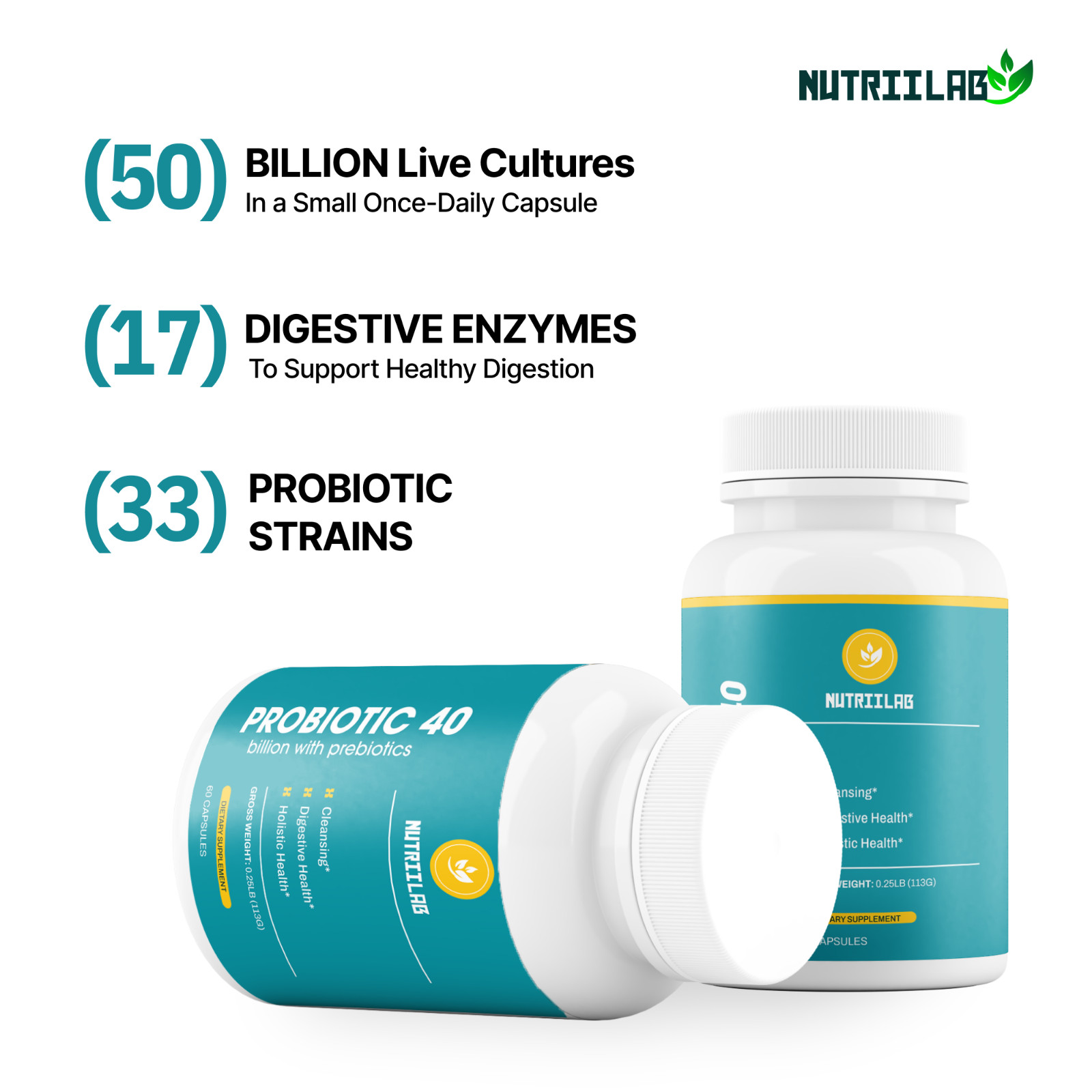 NutriiLab Probiotic Prebiotic 40 Billion CFU Gut Health Digestive 60 Day Supply
