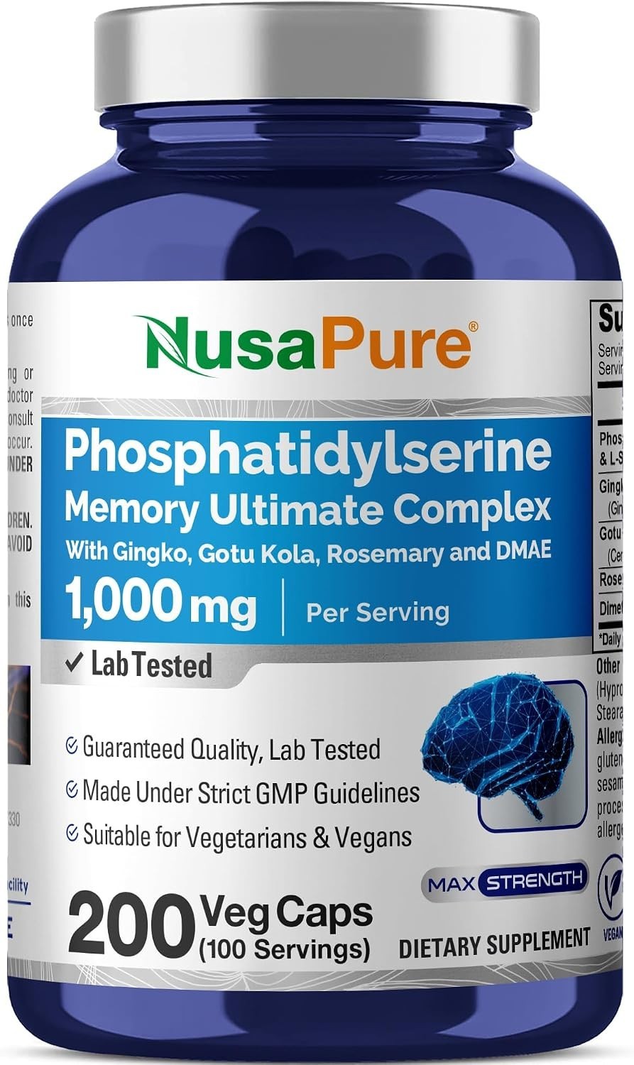 Phosphatidylserine 1000mg Ginkgo Biloba DMAE Gotu Kola Vegan Memory Focus Brain