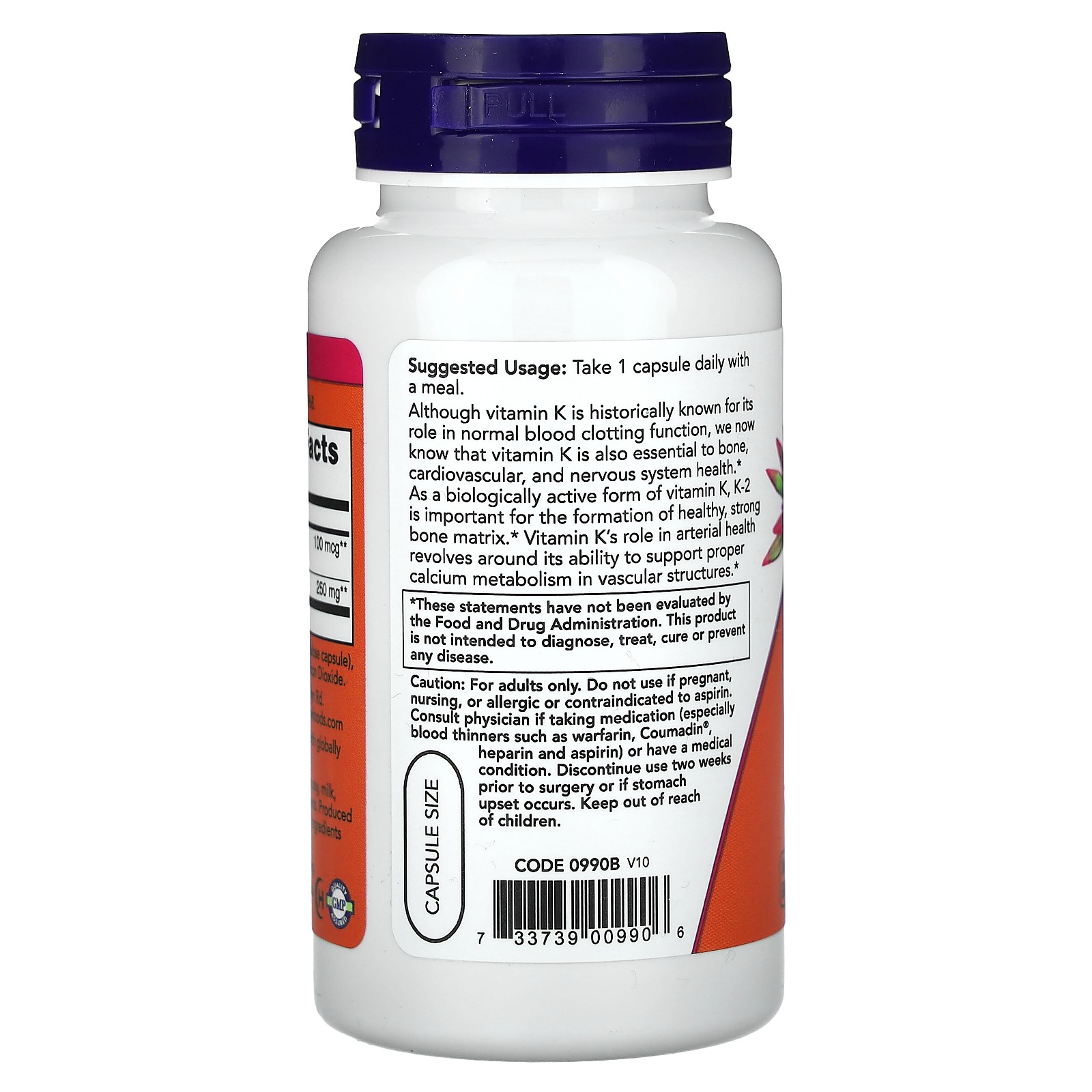 Now Foods Vitamin K-2 100 mcg 100 Veg Capsules GMP Quality Assured, Kosher,