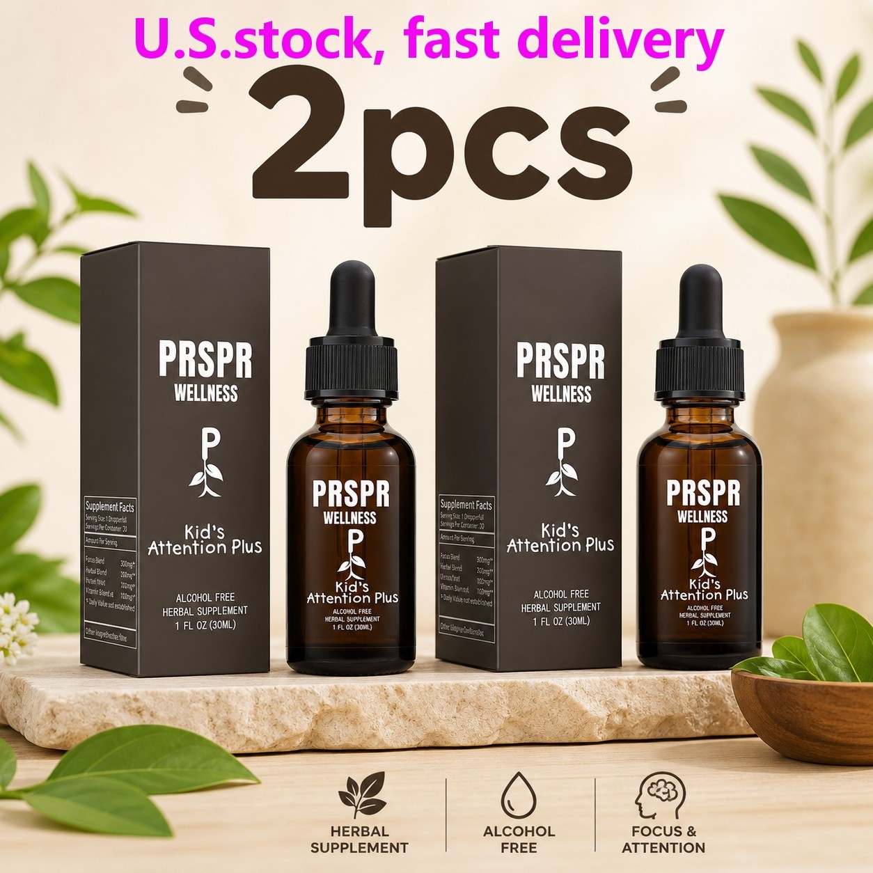 PRSPR Kids Attention Supplement for Focus, Alcohol-Free Herbal Blend with Ginkgo