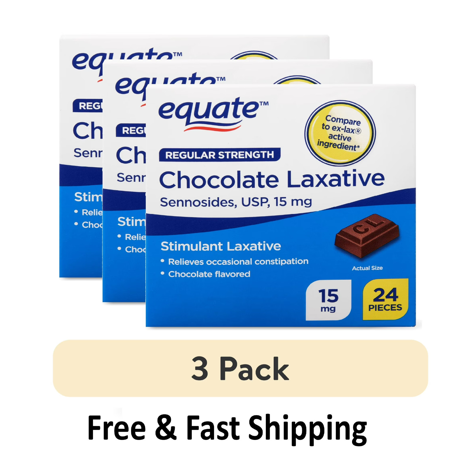 Equate Regular Strength Chocolate Laxative, 15 mg, 24 Pieces (3 Pack – 72 Total)
