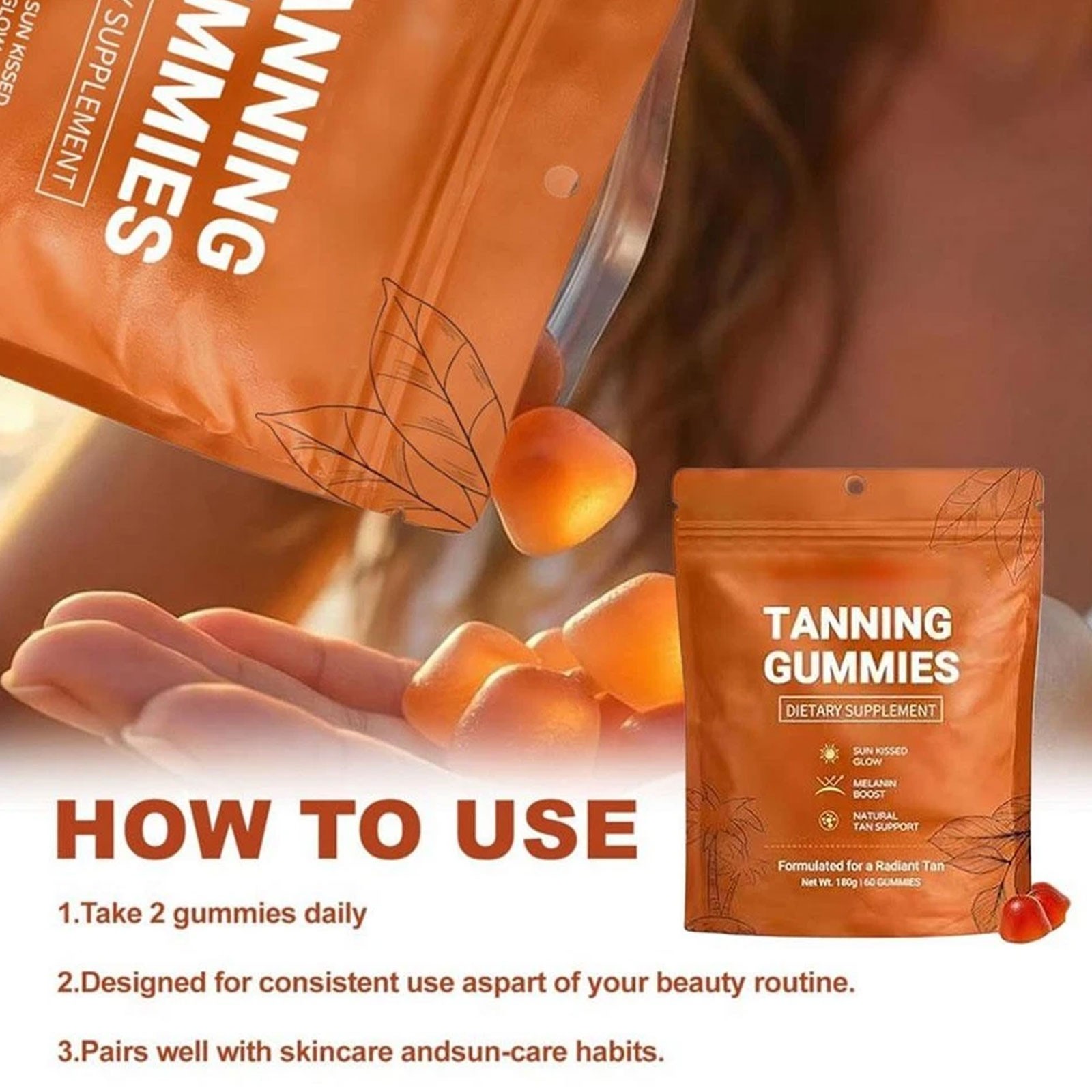 60pcs Daily Tanning Gummies Vitamin Blackening Gummies – Enhance Skin Melanin