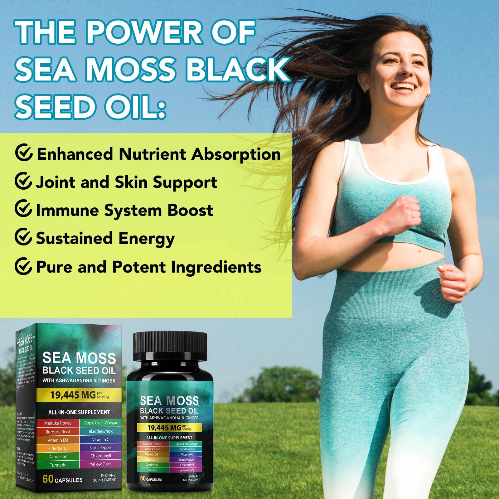Huyehf Sea Moss Black Seed Oil Ashwagandha Ginger Sea Moss Capsule Supplement
