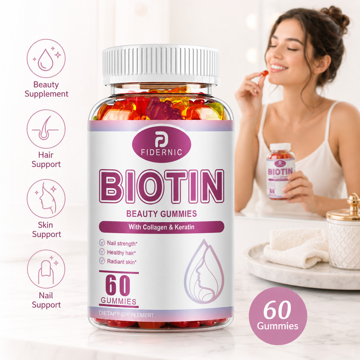 Biotin Gummies 60ct Hair Skin Nails Collagen Keratin Supplement