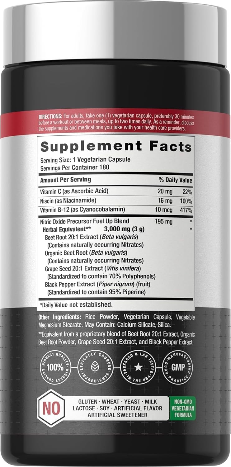 Horbäach Nitric Oxide Beet Root Capsules | 180 Count | with Nitrates and Precurs
