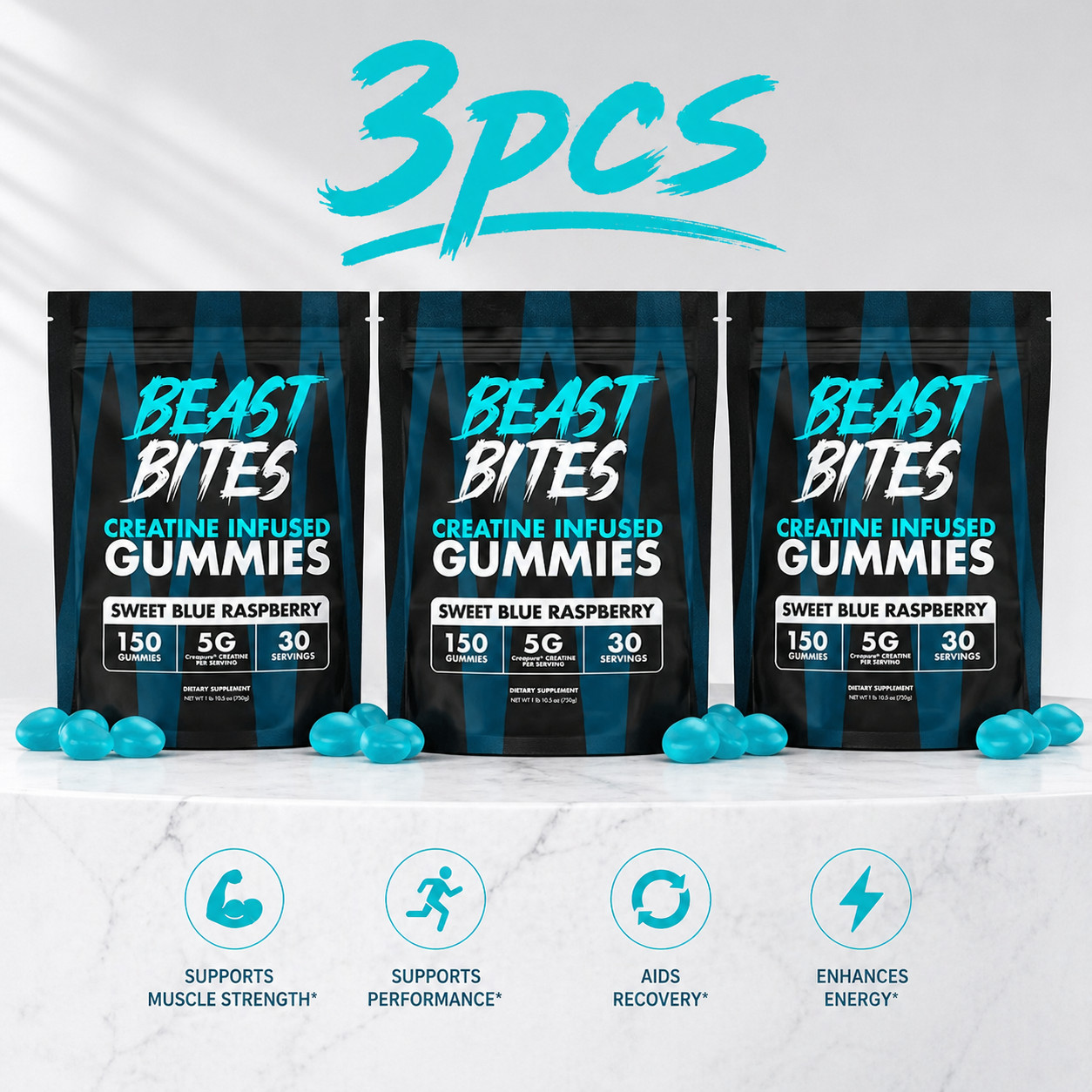 Beast Bites Creatine Infused Gummies, Blue Raspberry, 450 Servings New