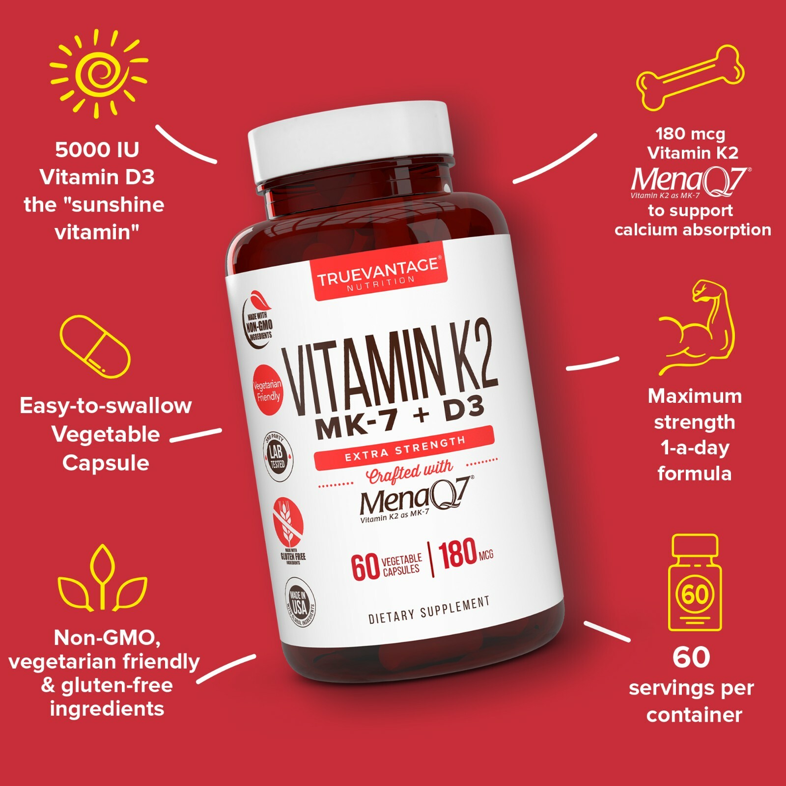 Vitamin K2 180 MCG with D3 5000 IU Supplement for Heart and Bone Health