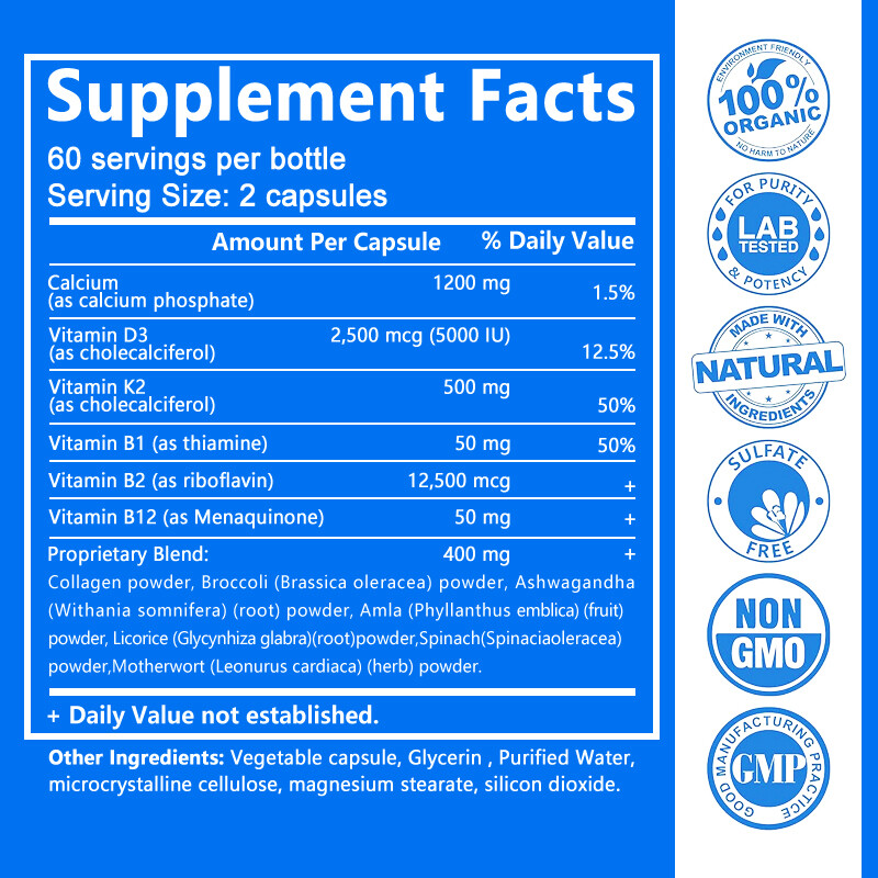 Calcium Capsules With D3+K2+B12,Strong Bone & Muscle,Boost Immunity, 2 Bottle