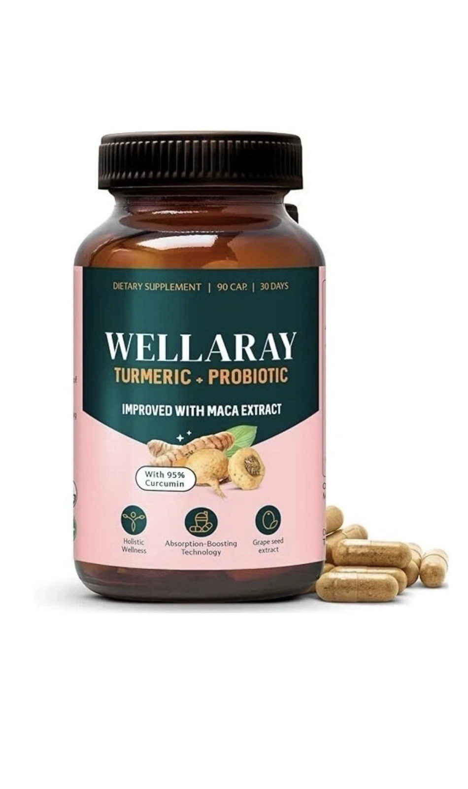 Wellaray Turmeric + Probiotic Capsules BB 9/2026 FREE Ship