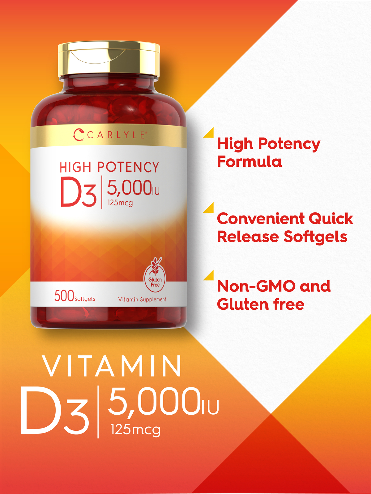 Vitamin D3 5000IU | 500 Softgels | Value Size, Non-GMO, Gluten Free | by Carlyle