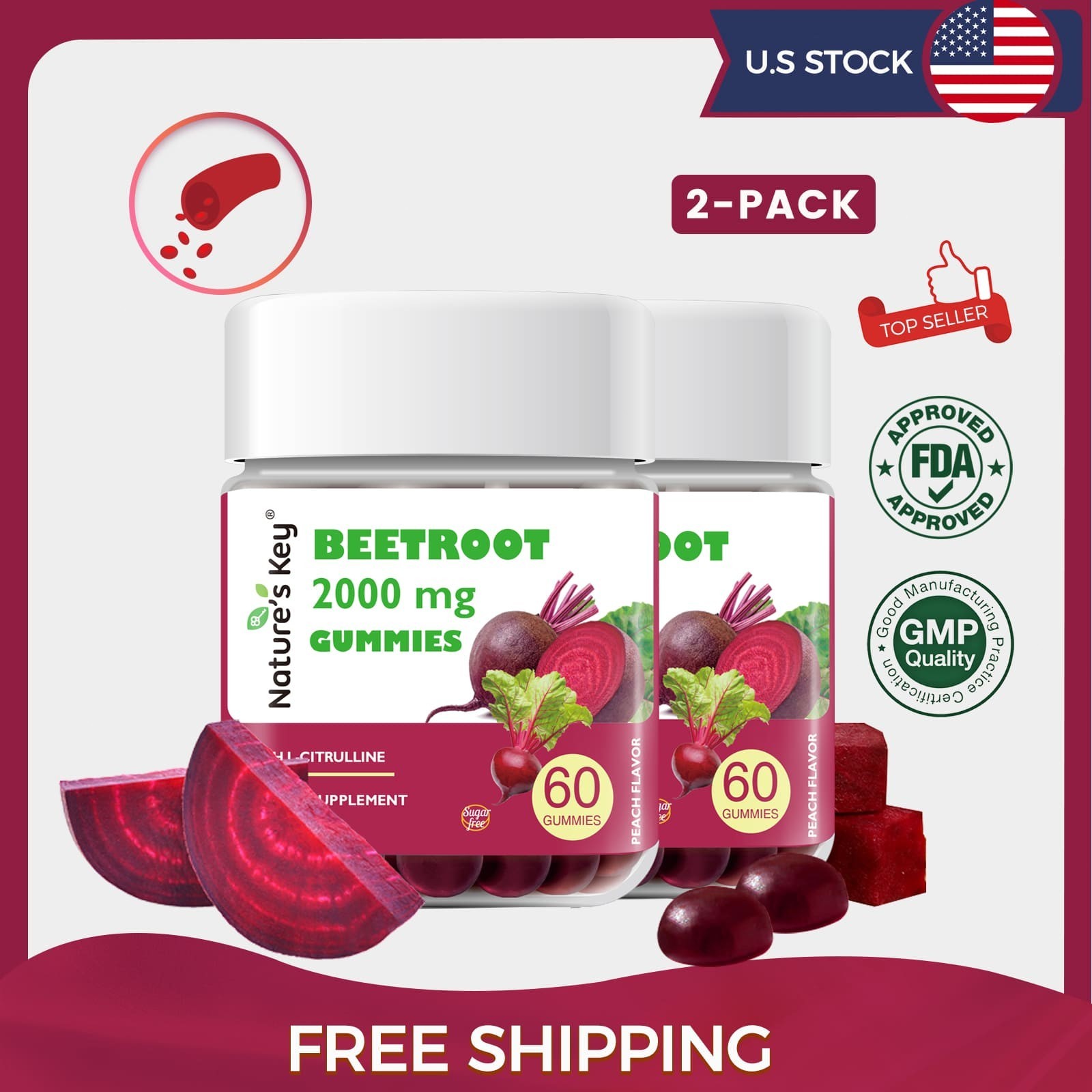 2 Pack Beet Root Gummies Vegan Paech Flavor Chewable Supplement, Gluten Free