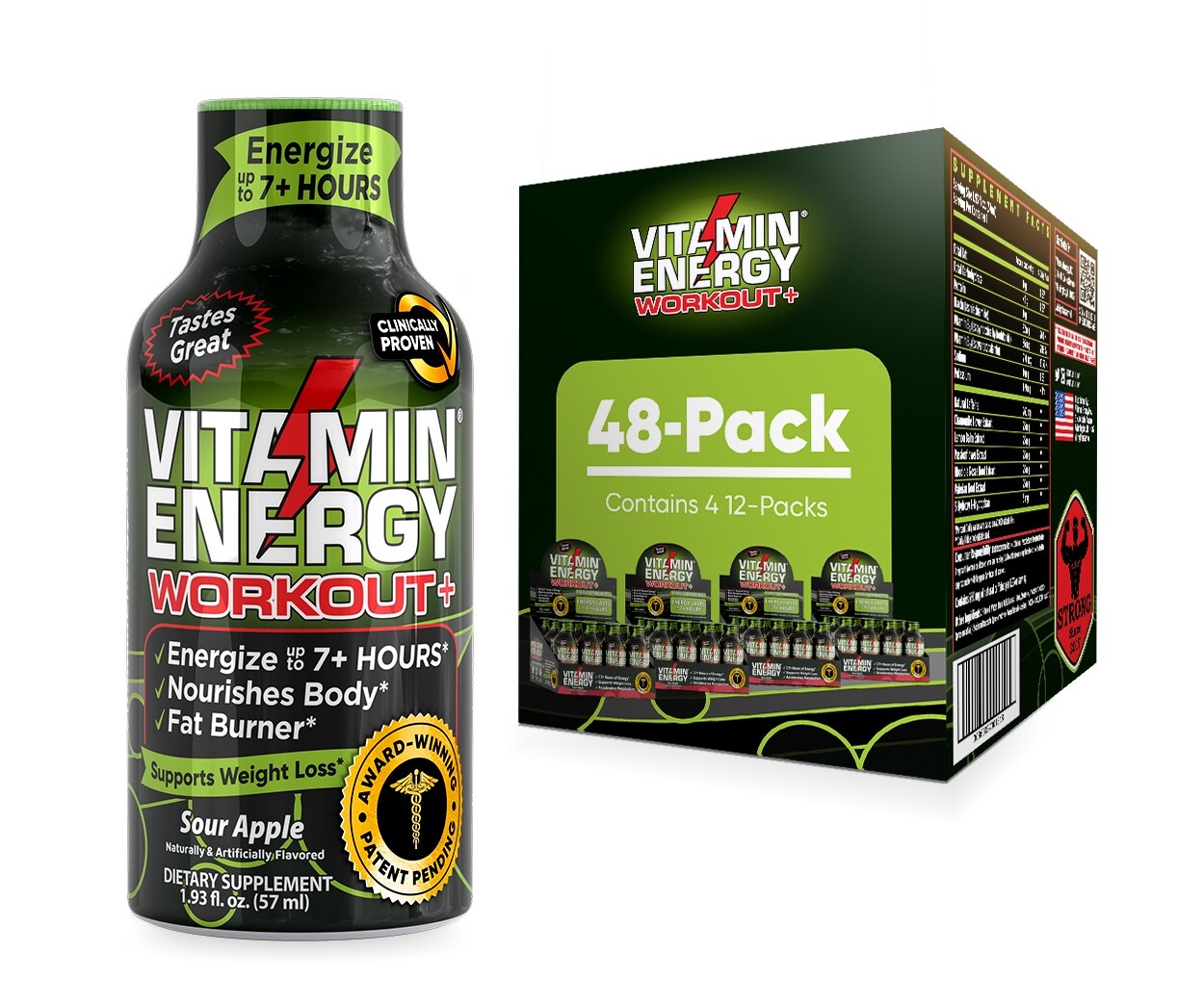 (48 Pack) Vitamin Energy® Workout+ Sour Apple Energy Shots, Clinically Proven