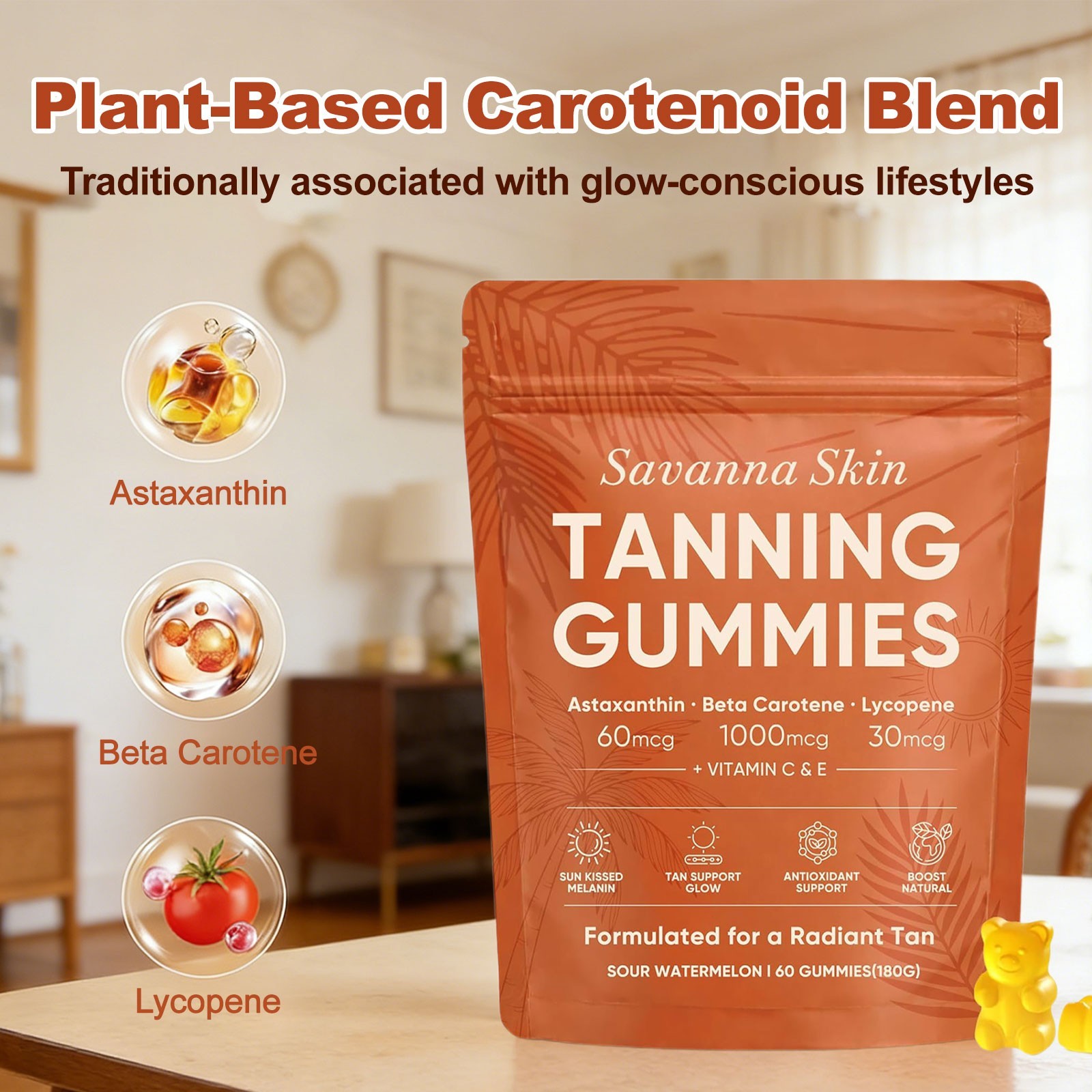 Savanna Skin Tanning with Gummies, Vitamin C & E, Astaxanthin, Beta Carotene