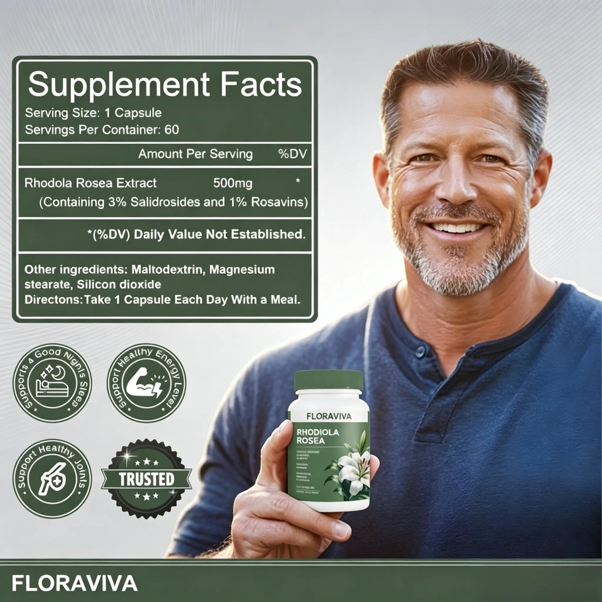 Floraviva Rhodiola Rosea Capsules – Non-GMO for Stress Relief & Energy Support