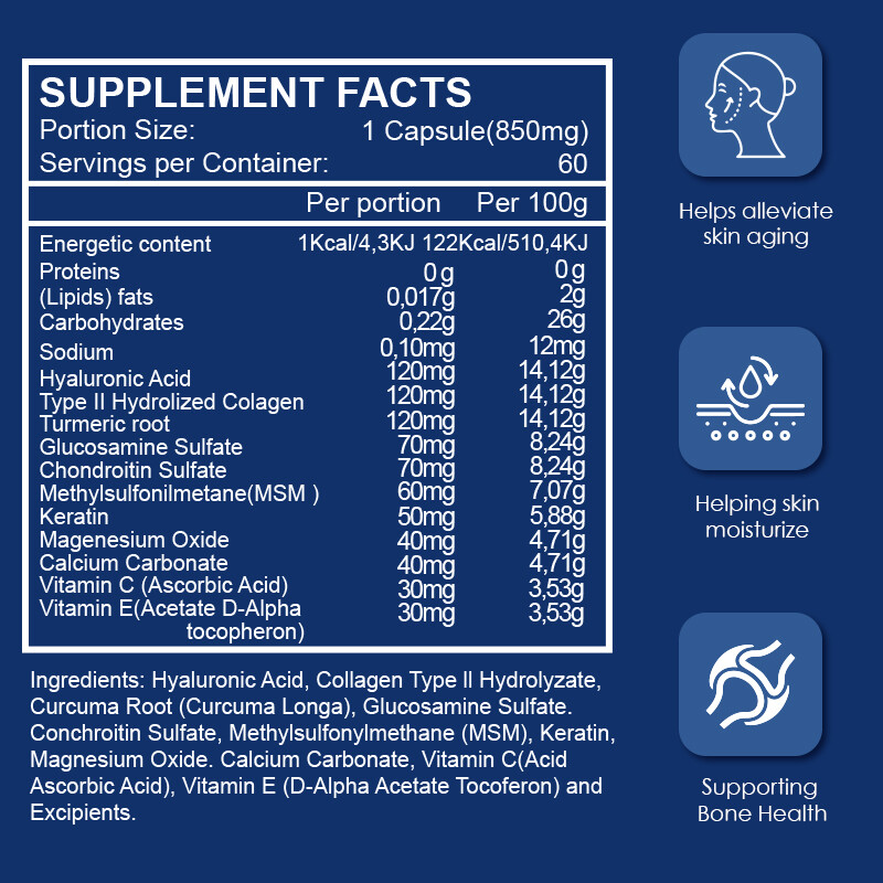 Hyaluronic Acid Capsules 850mg- Anti-Aging,Skin Hydration Healthy Joints Support